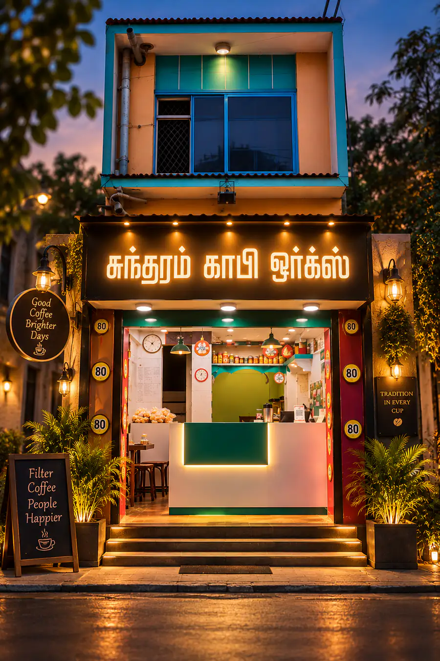 Sundaram Coffee Works shop front at dusk with the Tamil name board lit